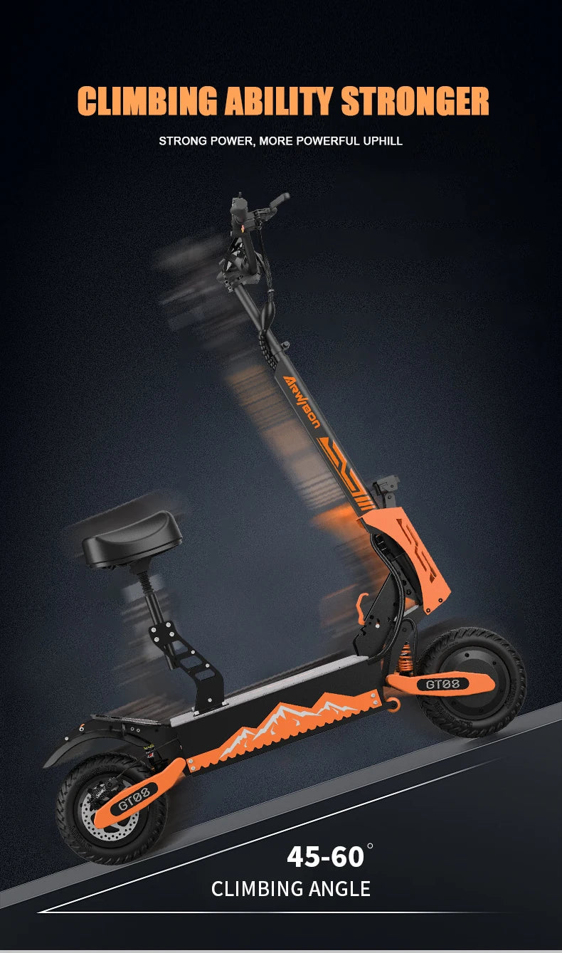 Orange electric scooter with climbing ability text on a dark background