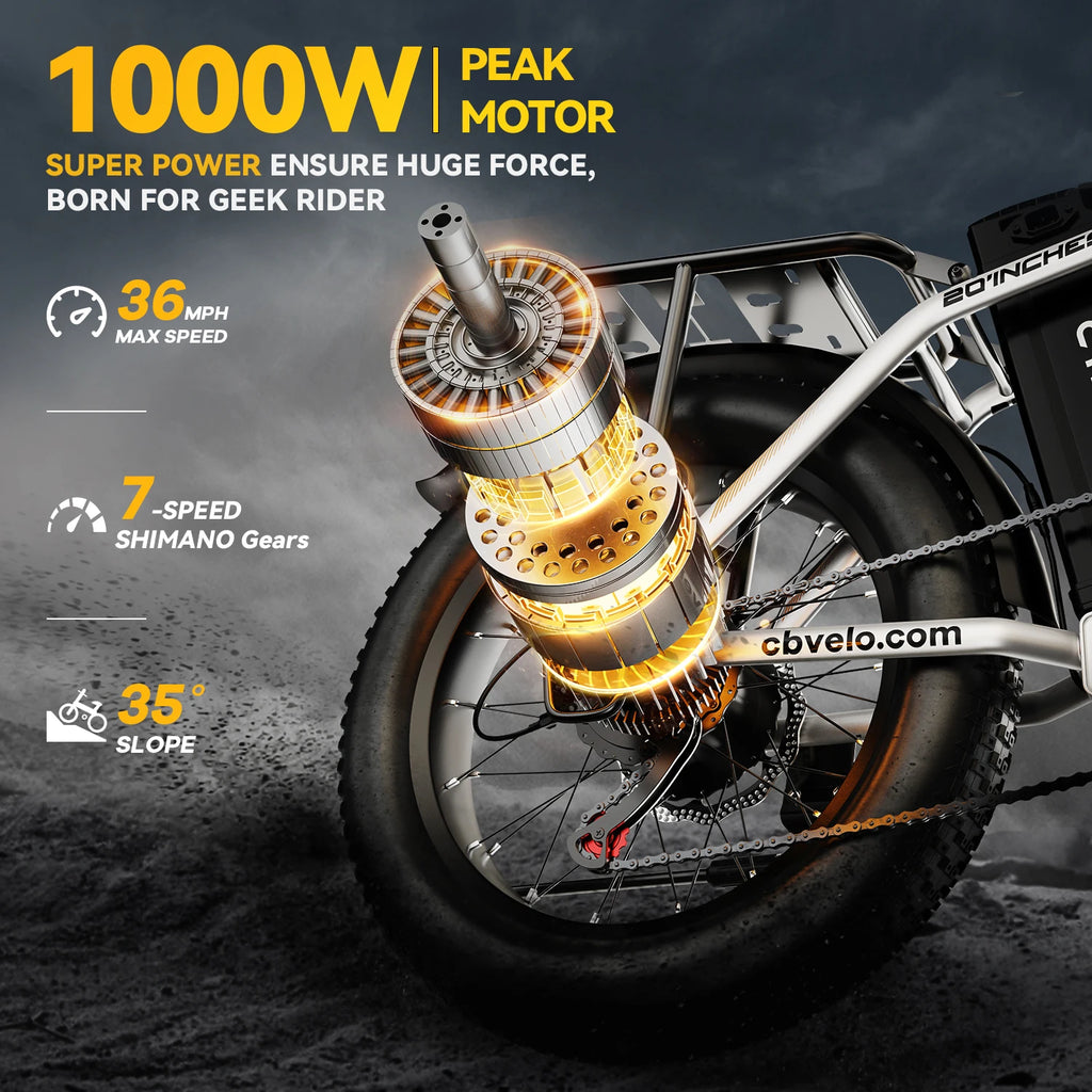 Cybervelo EK5 1000W Foldable Electric Bike for Adults | 48V 20Ah | 28+ MPH | 80-Mile Range | Fat Tire Off-Road E-Bike