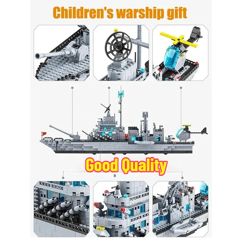 Children's warship toy set with various parts and a full ship model on a white background.