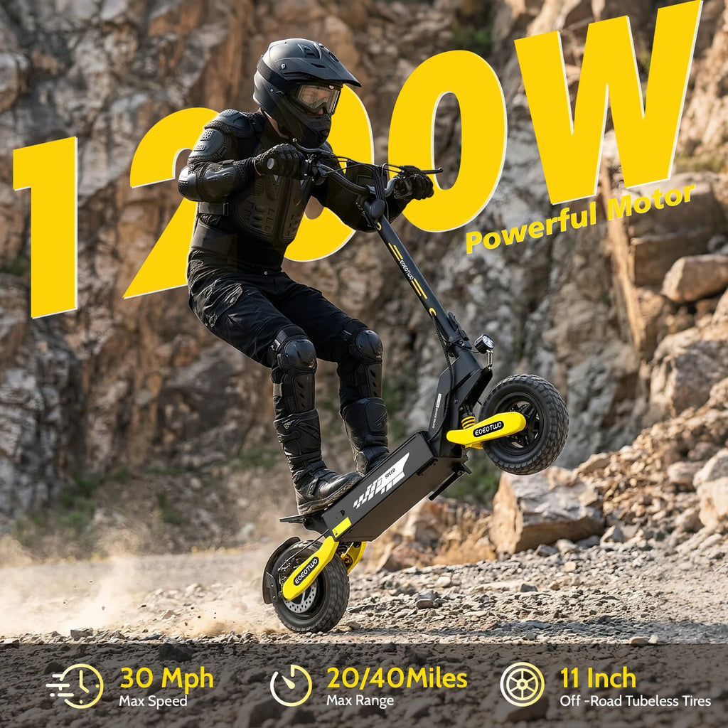EOEOTWO 1200W Off-Road Electric Scooter for Adults | 48V Long Range | 30 MPH | 11" Tubeless Tires | Foldable E-Scooter