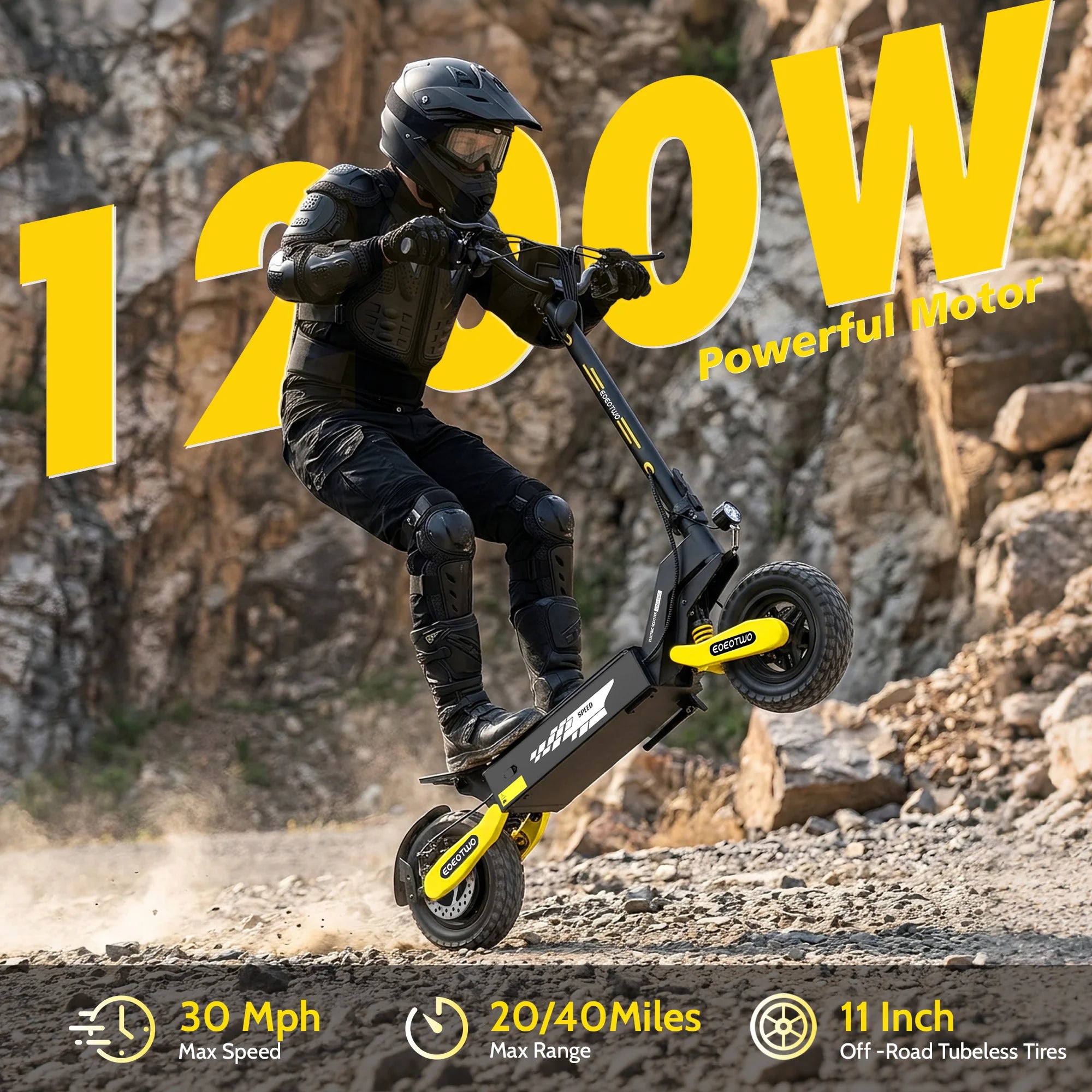 EOEOTWO 1200W Off-Road Electric Scooter for Adults | 48V Long Range | 30 MPH | 11" Tubeless Tires | Foldable E-Scooter