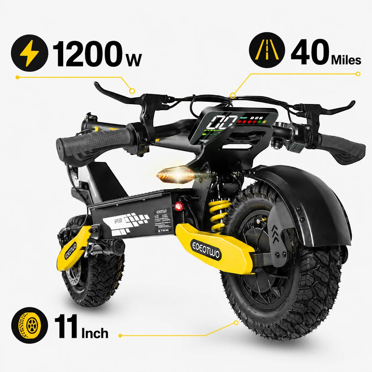 A black and yellow electric mini bike with a digital display screen, shown on a light gray background with feature callout graphics indicating 1200W power, 40 miles range, and 11-inch wheels.