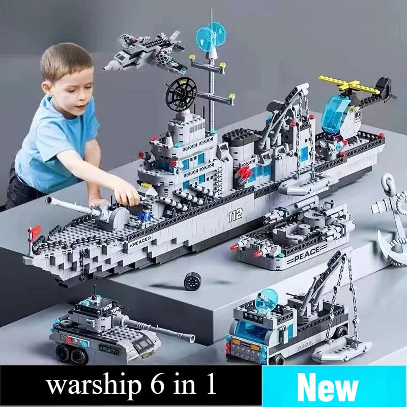 1560PCS Navy Warship Building Blocks Set – 6-in-1 Military Ship Toy for Kids
