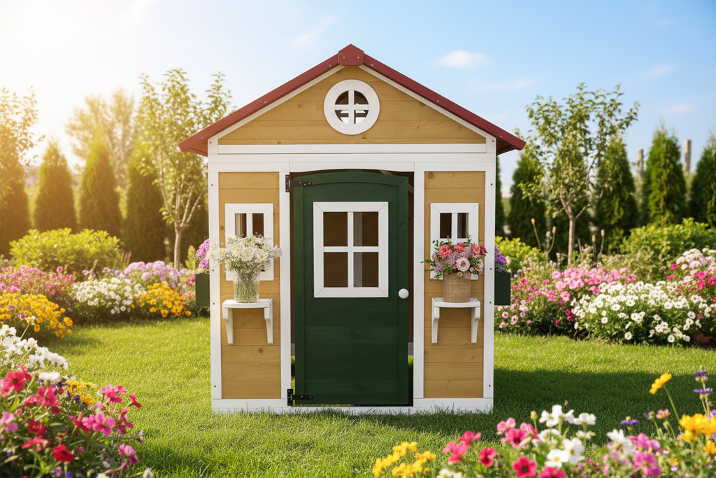 Kids outdoor wooden playhouse with red roof and green door in sunny backyard garden