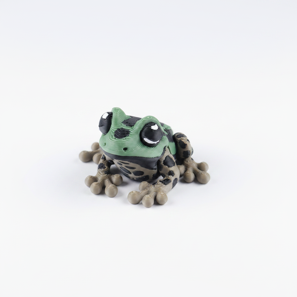 Green and black frog fidget toy on white background