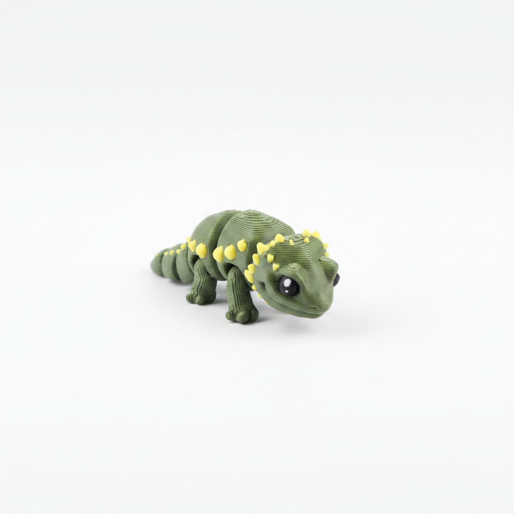 Olive green gecko fidget toy on white background