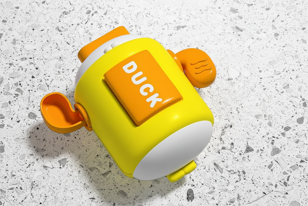 Yellow and orange duck wind-up bath toy on marble background