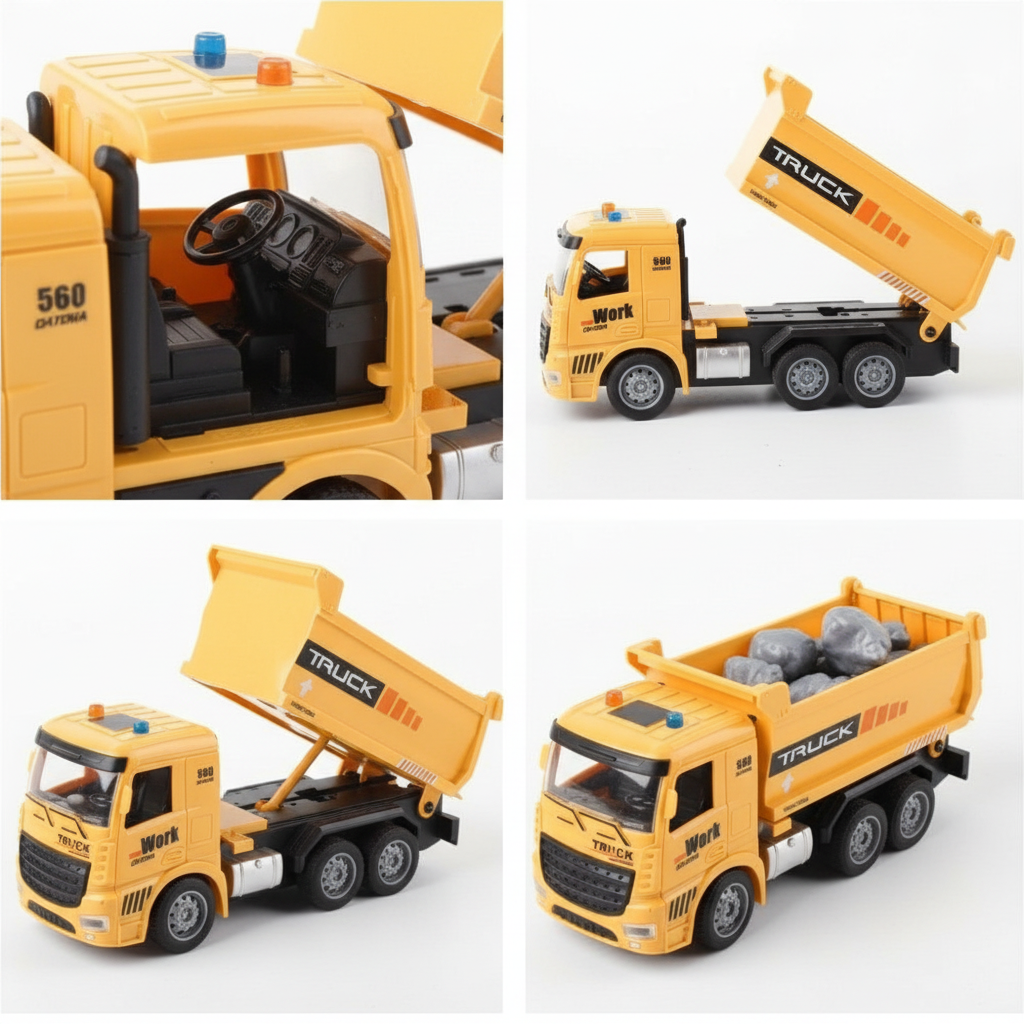 RC dump truck detail shots on white background