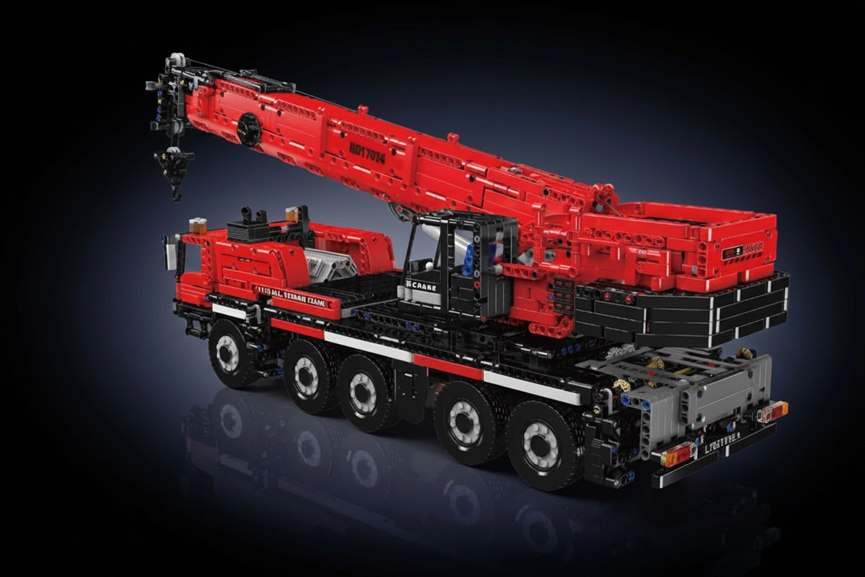 Red RC LTM 1110 crane model on dramatic dark background