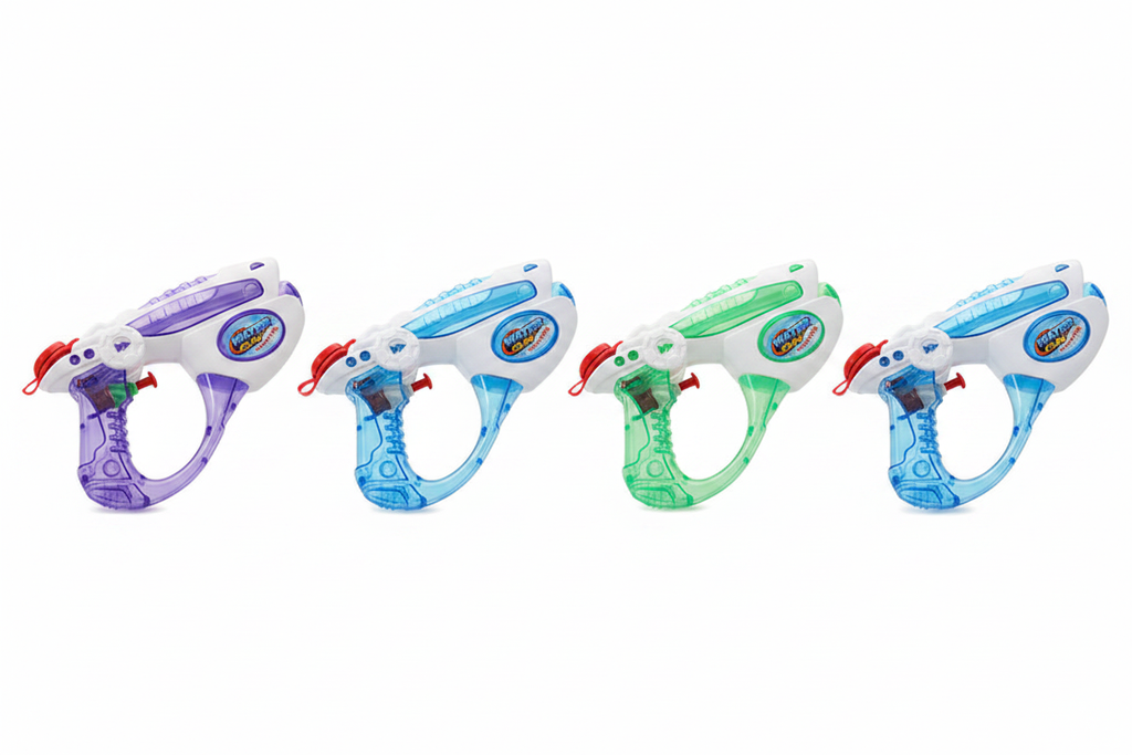 All 4 color variants of kids water gun toy on clean white background