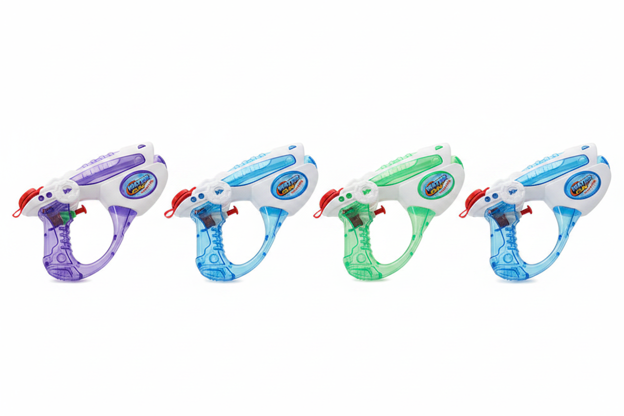 All 4 color variants of kids water gun toy on clean white background