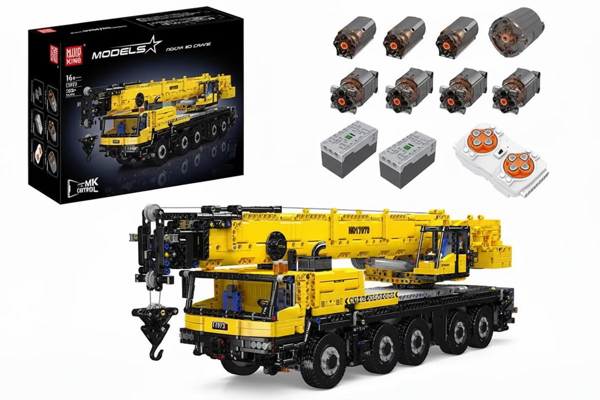 Yellow RC crane set with box and accessories on white background
