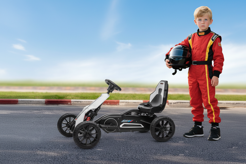 12V Kids Electric Go-Kart with child in racing suit on a track