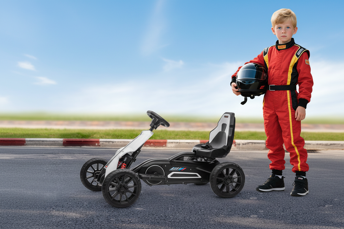 12V Kids Electric Go-Kart with child in racing suit on a track