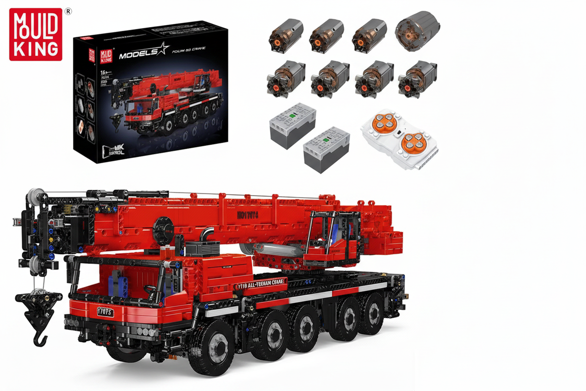 Mould King RC crane set with box, motors and remote on white background