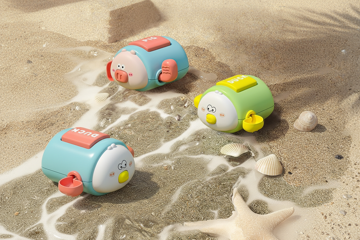 Three wind-up bath toys on sandy beach with seashells and starfish