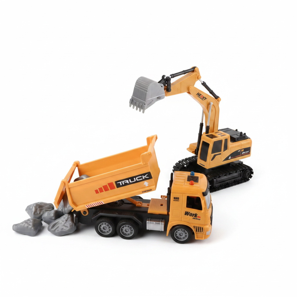 Yellow RC dump truck and excavator set on white background