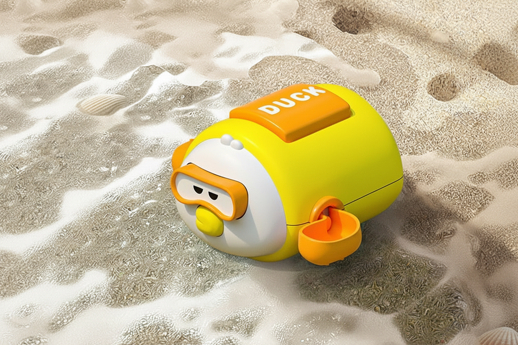Yellow duck wind-up bath toy on sandy beach