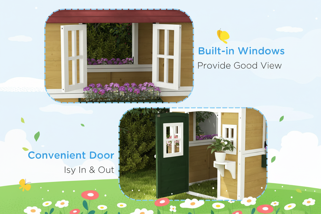 Close-up of kids wooden playhouse windows with flower planter boxes and green door
