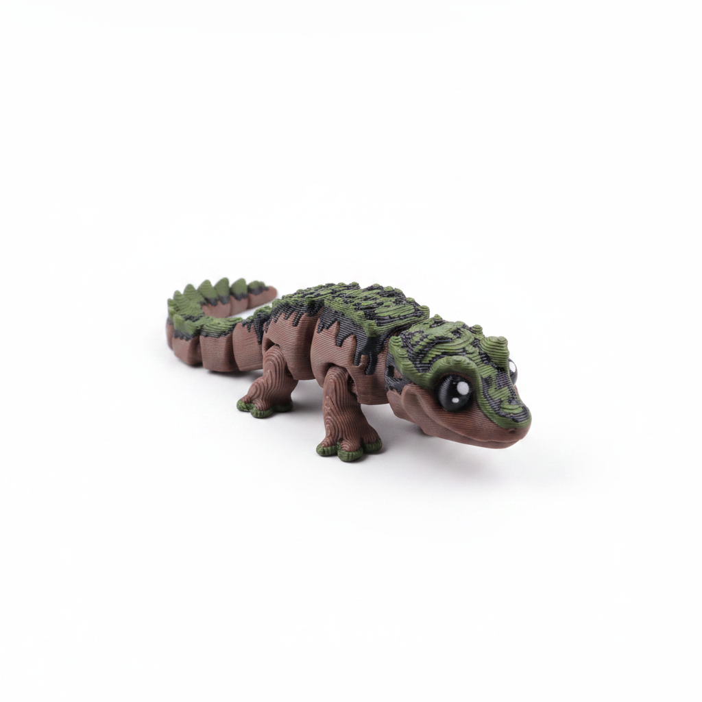 Green and brown alligator fidget toy on white background