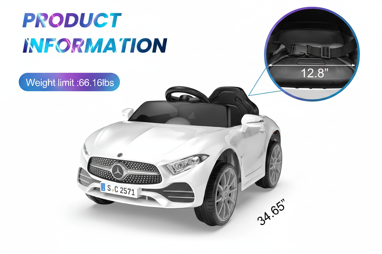 White Mercedes-Benz kids 12V electric ride-on car, clean product shot on white background