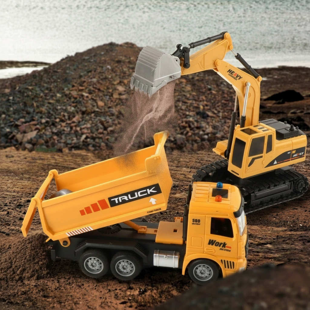 RC dump truck and excavator outdoor action shot