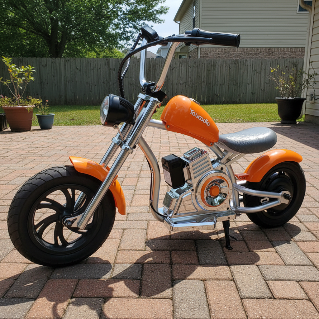 Orange kids electric chopper motorcycle variety shot 1