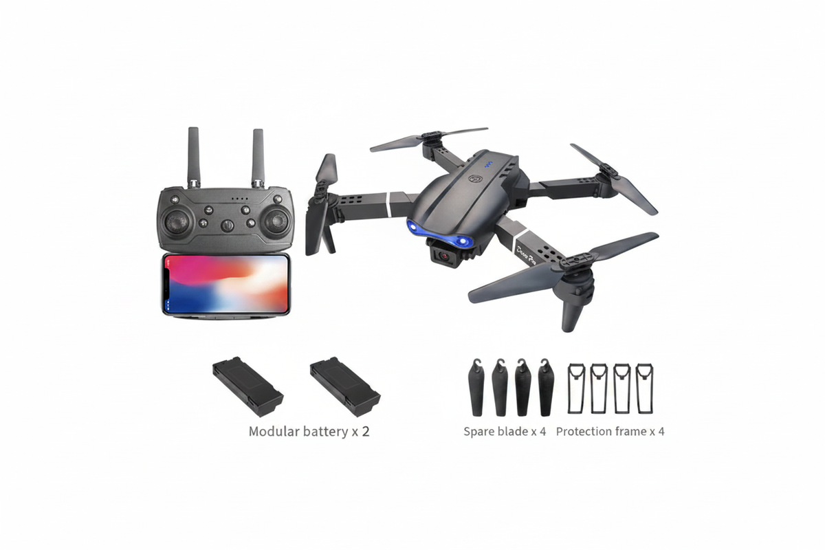 E99 Pro mini drone with dual camera, remote controller, phone and all accessories on white background