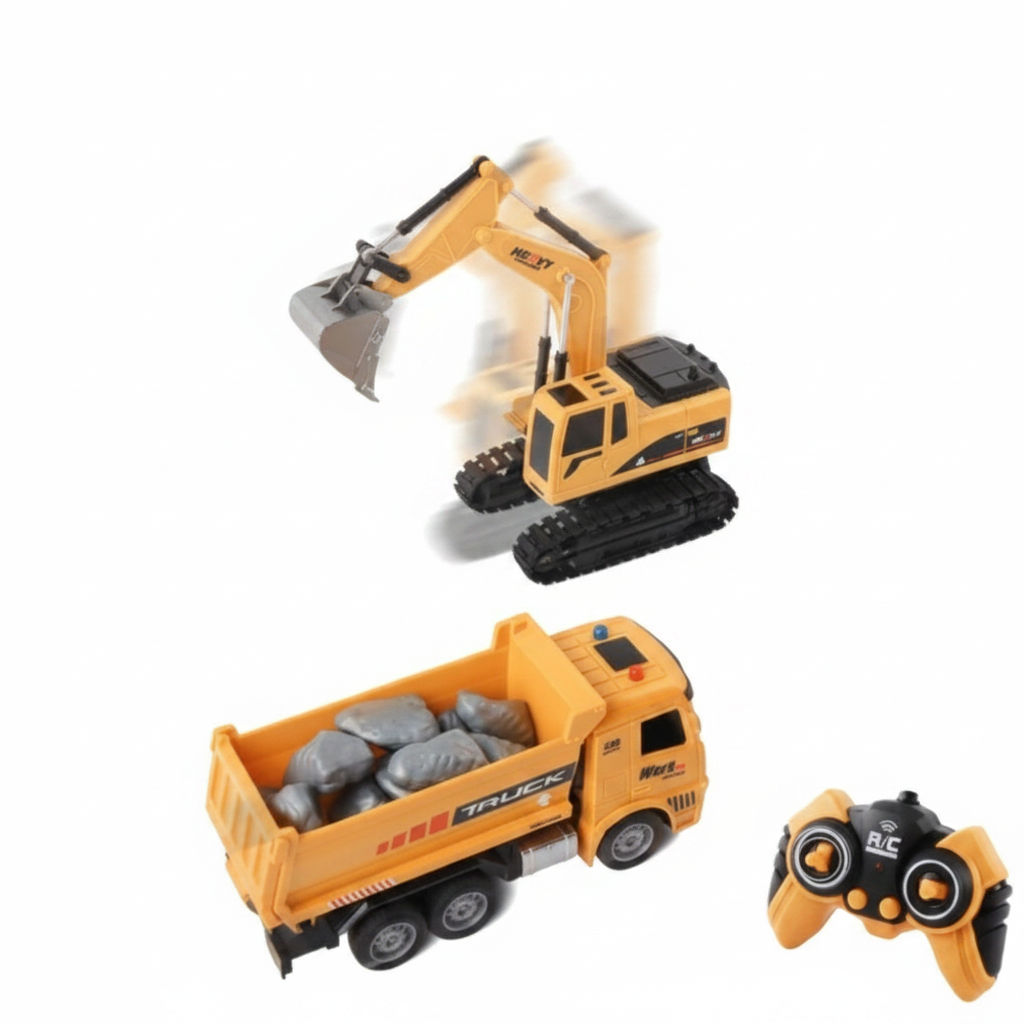 RC excavator and dump truck with remote controllers