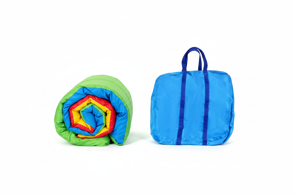 Inflatable bounce house folded and stored in carry bag