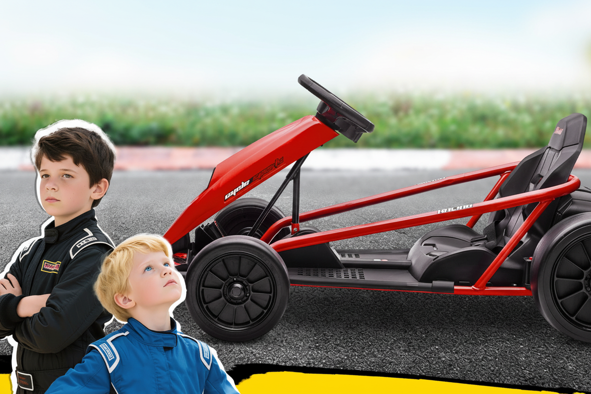 Two boys in racing suits standing beside red 24V drift go-kart on track