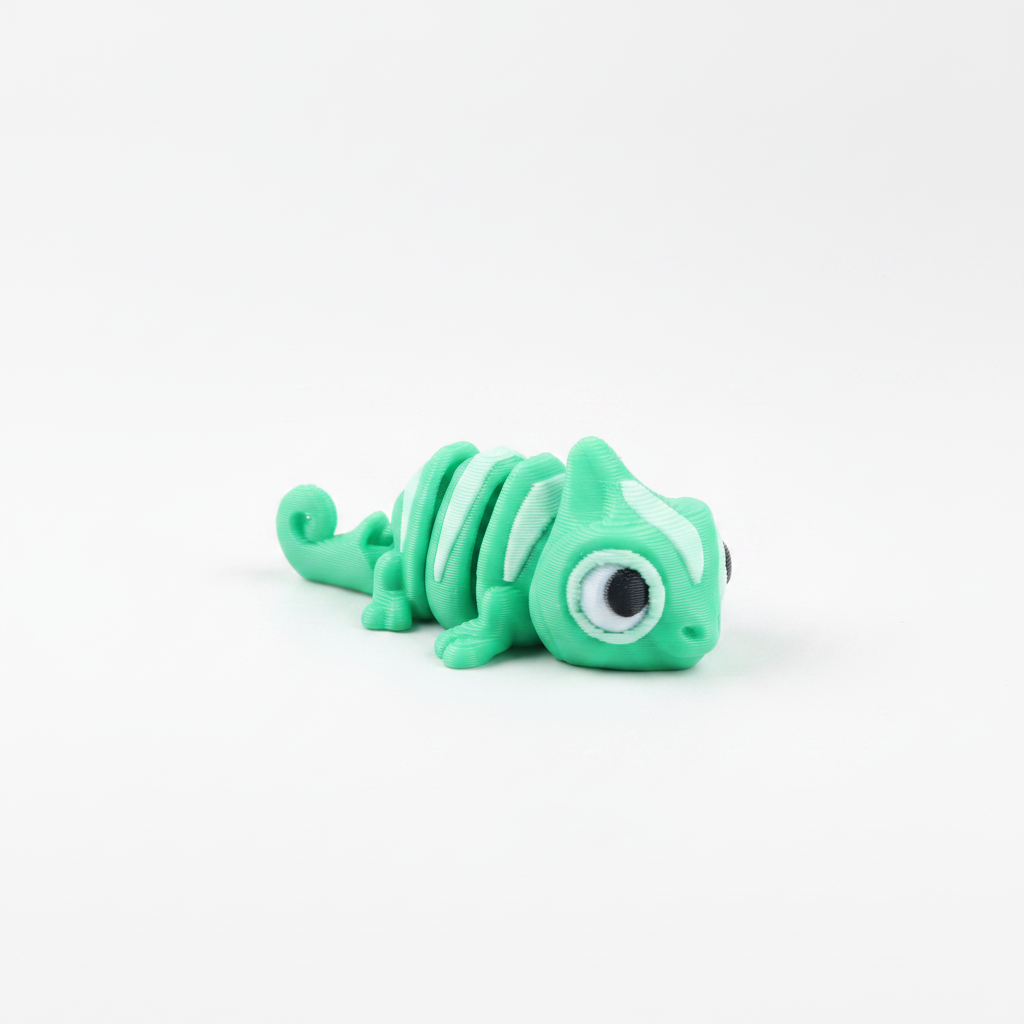 Mint green chameleon fidget toy on white background