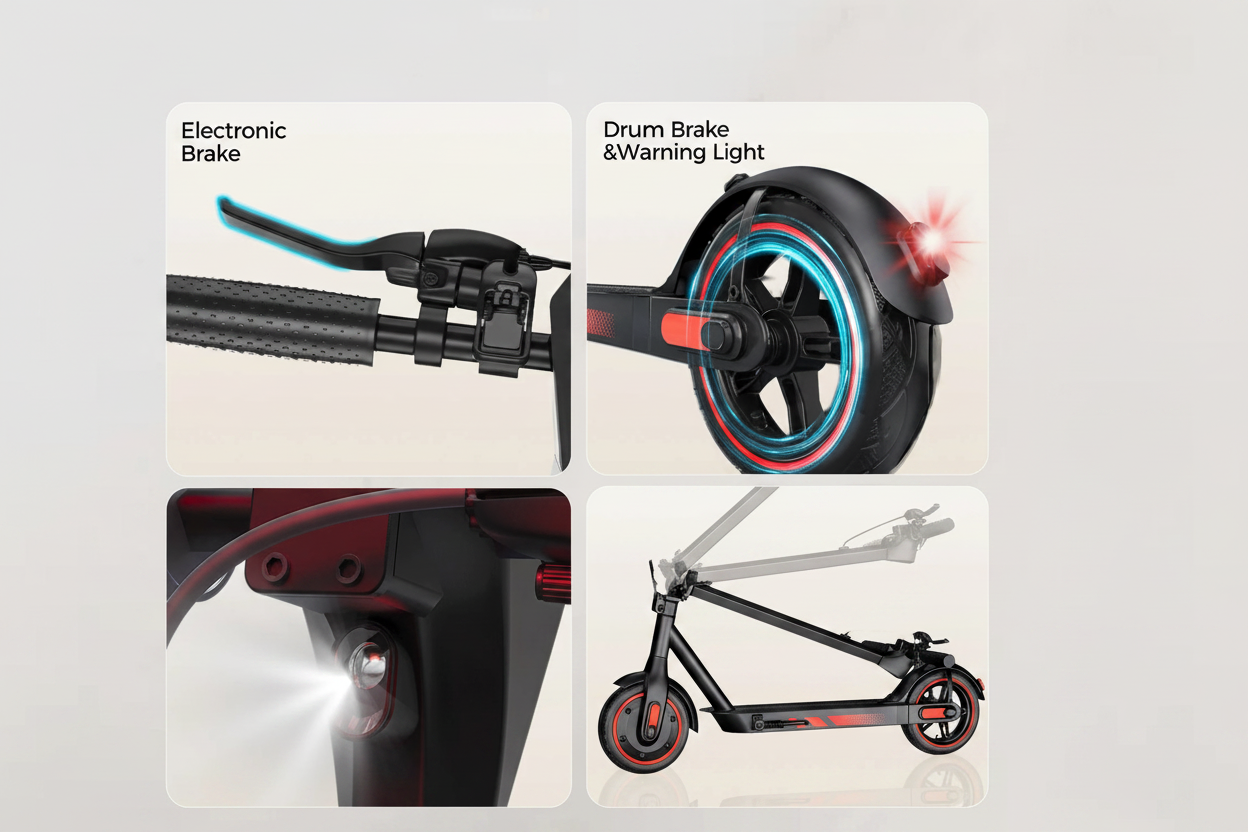 Electric scooter dual braking system 4-panel close-up detail shots