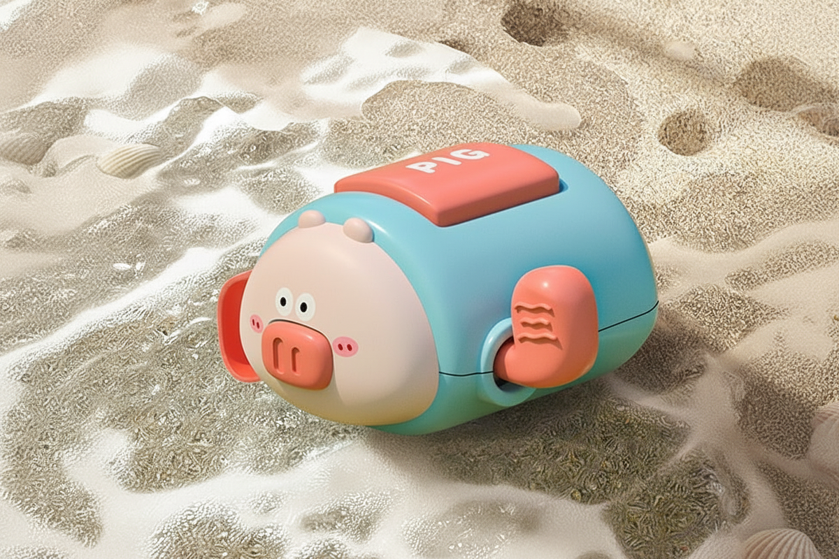 Blue and pink pig wind-up bath toy close-up on sandy beach