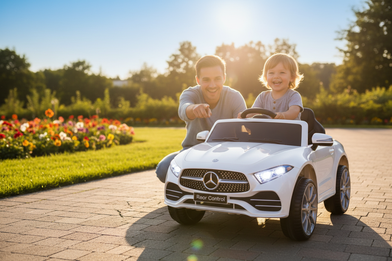 Child driving white Mercedes-Benz kids electric ride-on car in sunny backyard