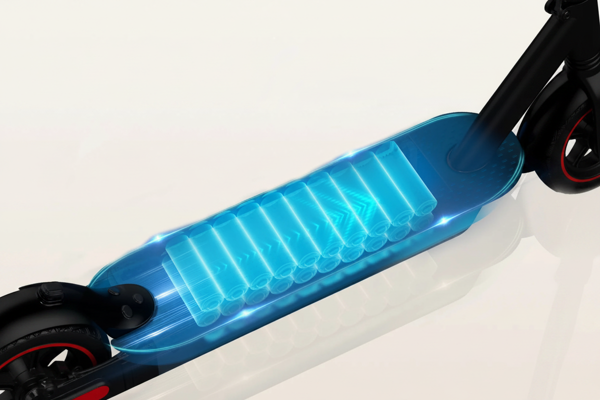 Electric scooter glowing lithium battery pack inside deck close-up
