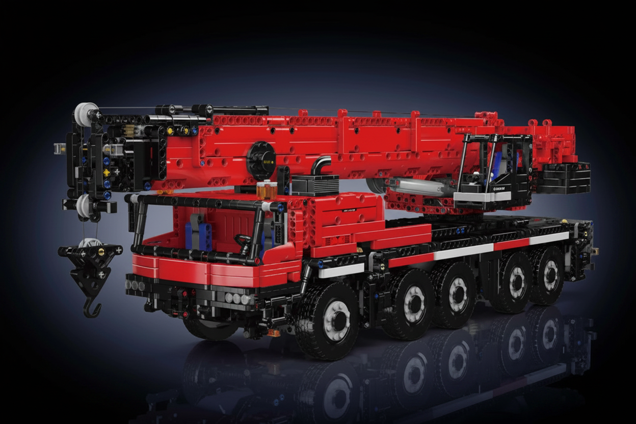 Red RC crane building set on dark studio background, no text