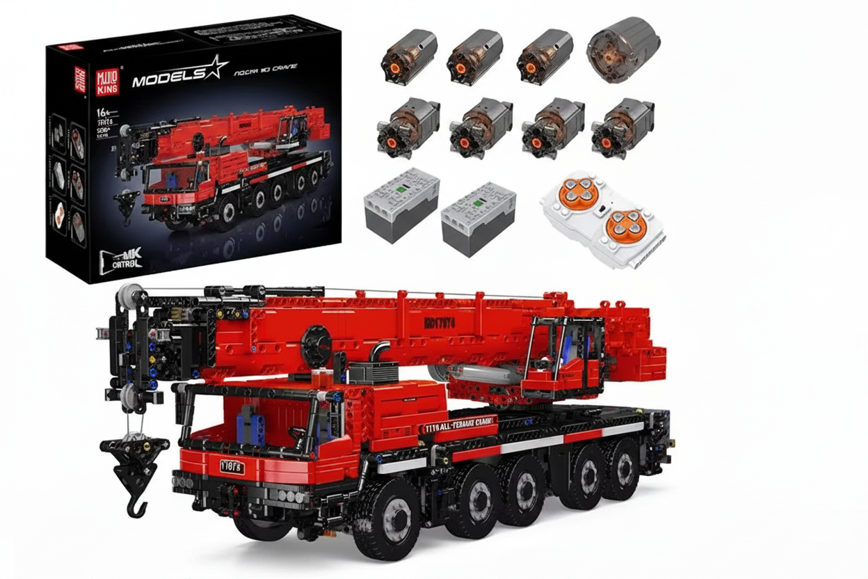 Red RC crane set with box and accessories on white background