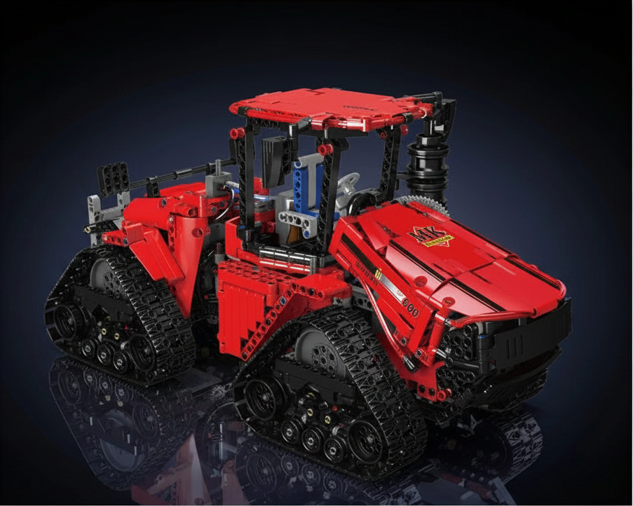 Mould King 18020 red tracked tractor on dark dramatic background