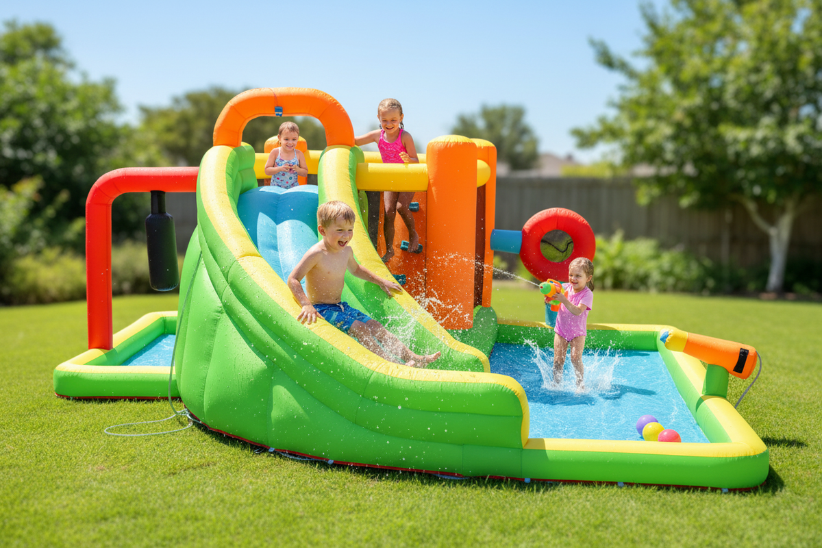 Kids playing on 7-in-1 inflatable water slide and bounce house in backyard