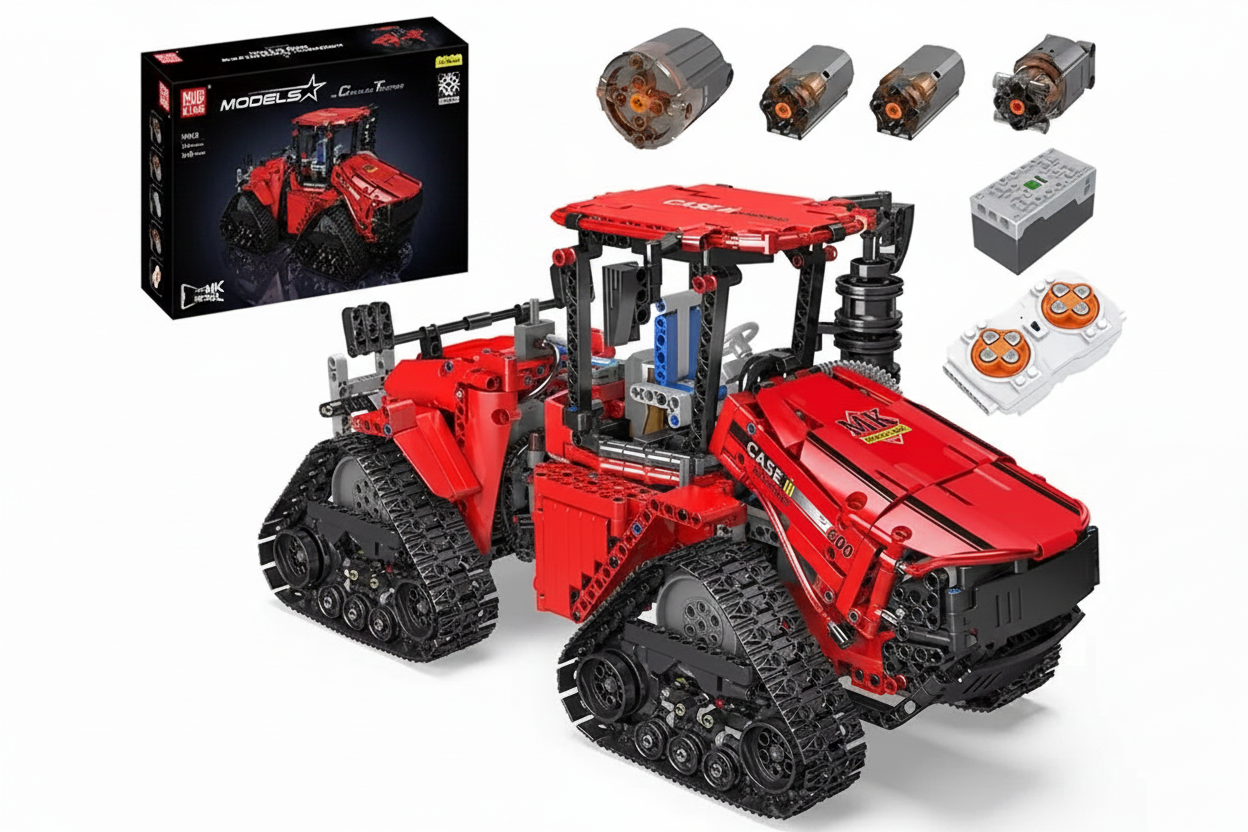 Mould King 18020 tracked tractor with accessories on white background