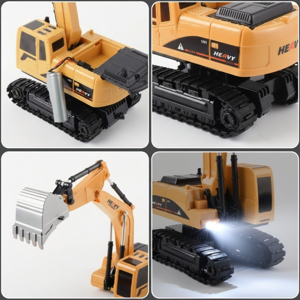 RC excavator detail shots on white background