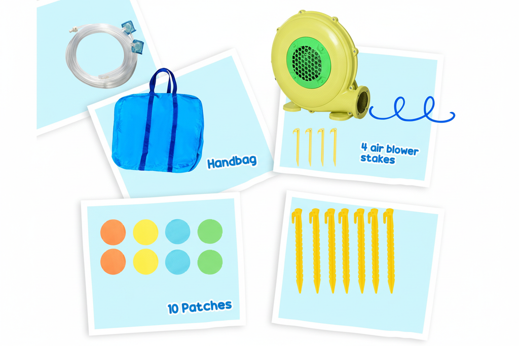 Bounce house accessories flat lay including air blower, carry bag, water pipe, stakes and patches