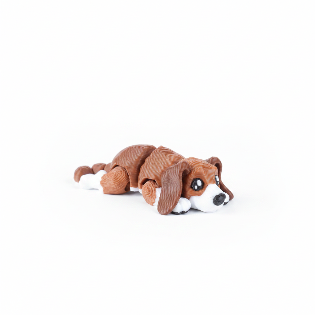 Brown and white beagle lying down on white background