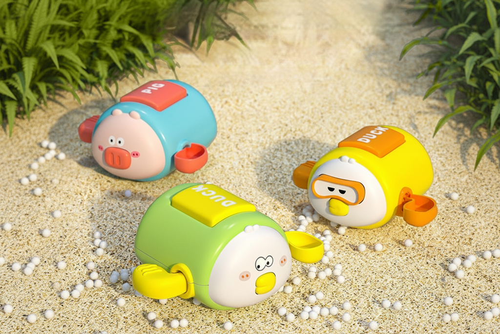 Three wind-up bath toys in garden setting with green plants