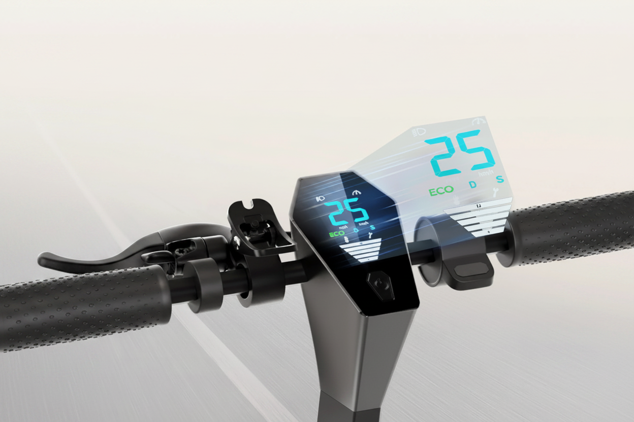 Electric scooter smart LCD display and handlebar close-up